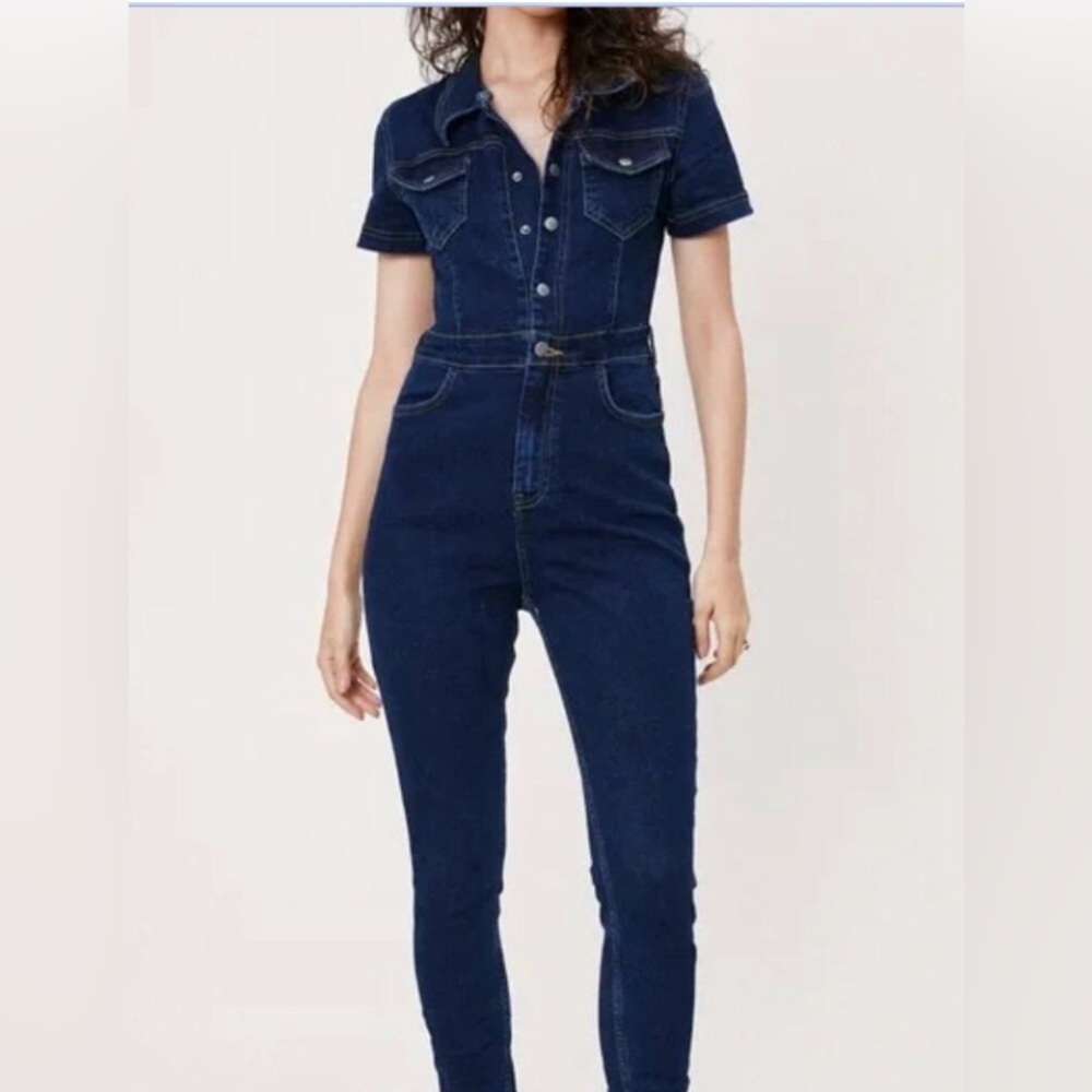 NWOT-Nasty Gal Dark Blue Denim Jumpsuit with stretch